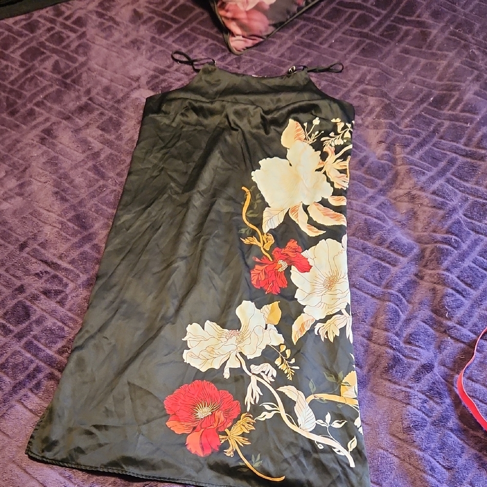 Floral Black Satin Night Gown